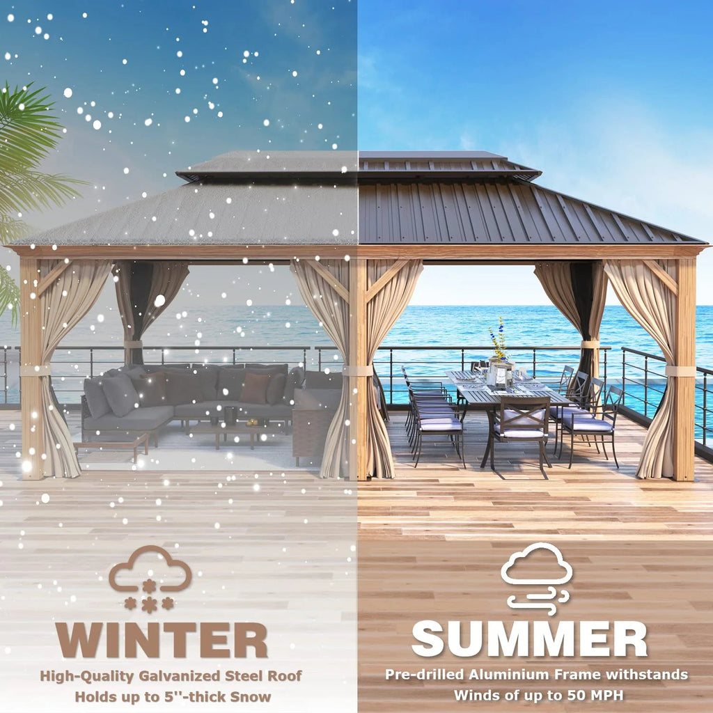 Erommy 12' X 20' Hardtop Gazebo, Wooden Finish Coated Aluminum Frame Gazebo with Galvanized Steel Double Roof with Curtains and Netting