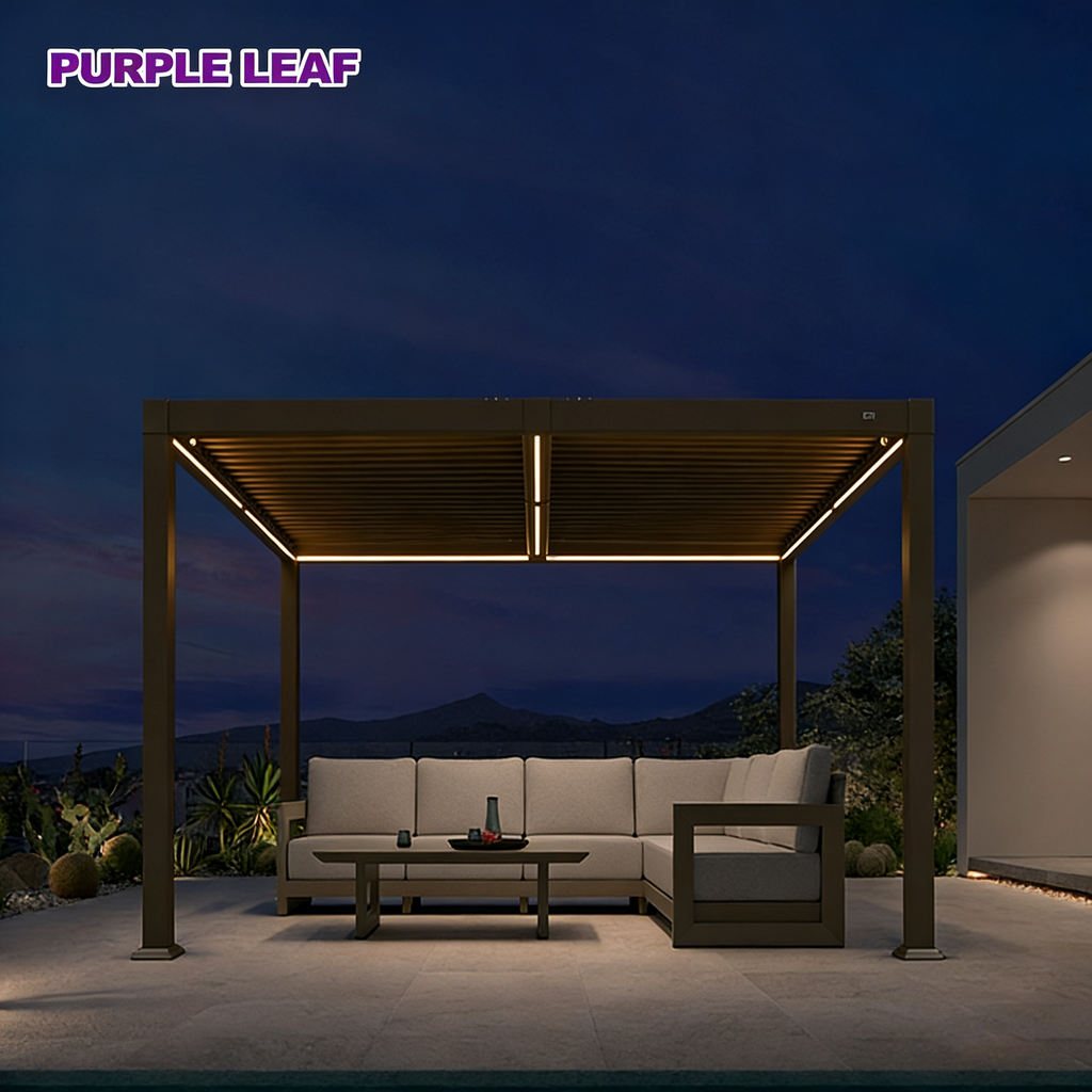 PURPLE LEAF Caesar Solar Louvered Pergola with LED Strip Lights and Control Panel Aluminum Outdoor Pergola with Adjustable Roof for Patio Deck Garden Yard Bronze