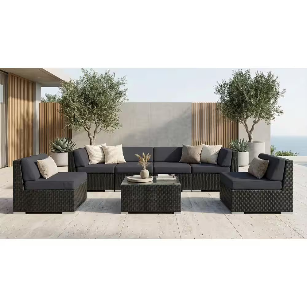 Black 7-Piece Wicker Patio Seating Set with Sunbrella Coal Cushions