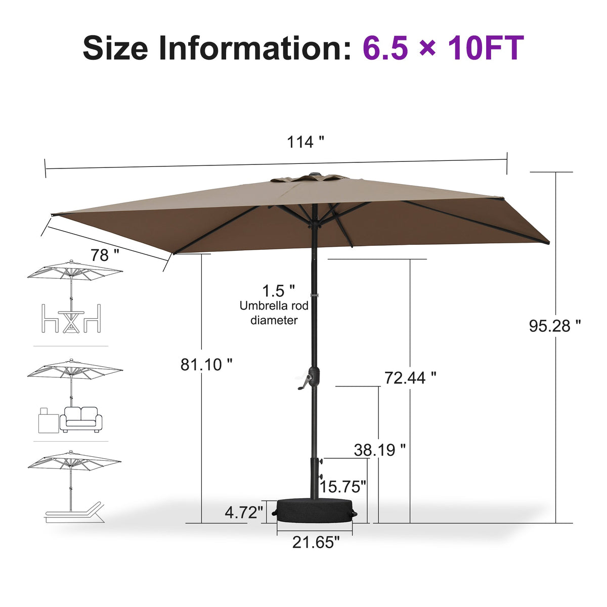 PURPLE LEAF Black Frame Outdoor Market Umbrellas Yard Tilting Patio Table Umbrella with Base