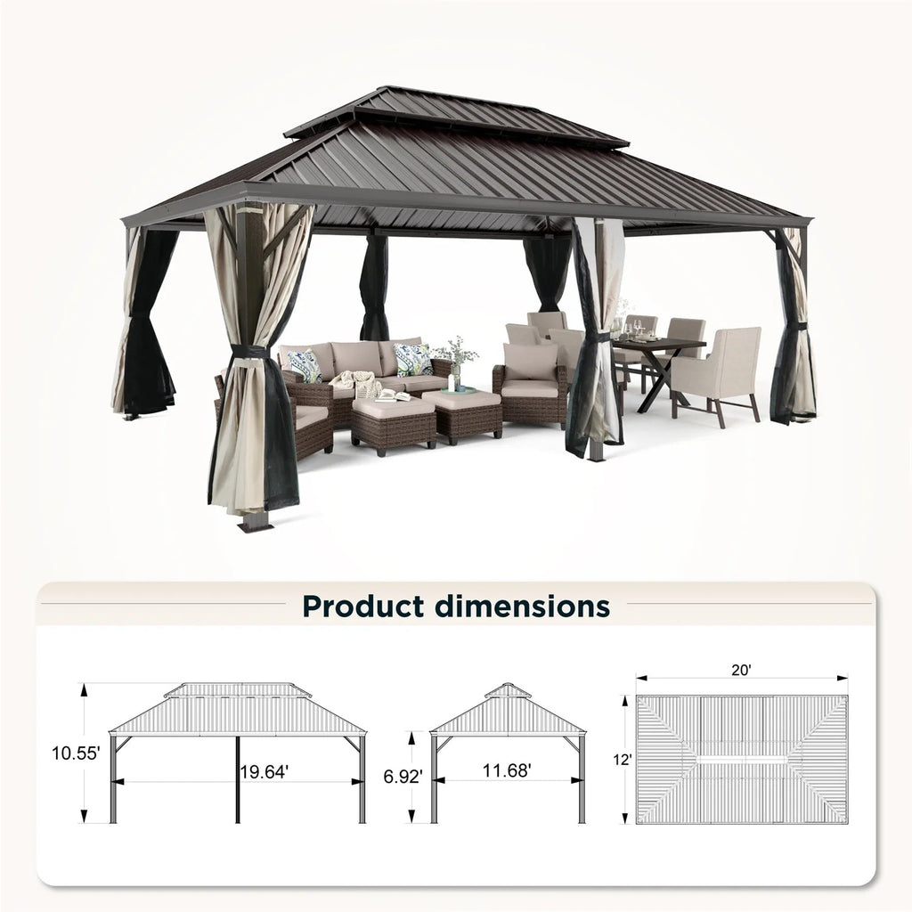 Erommy 14' X 20' Hardtop Gazebo Aluminum Frame Galvanized Steel Double Roof Patio Gazebo with Netting & Curtains Brown