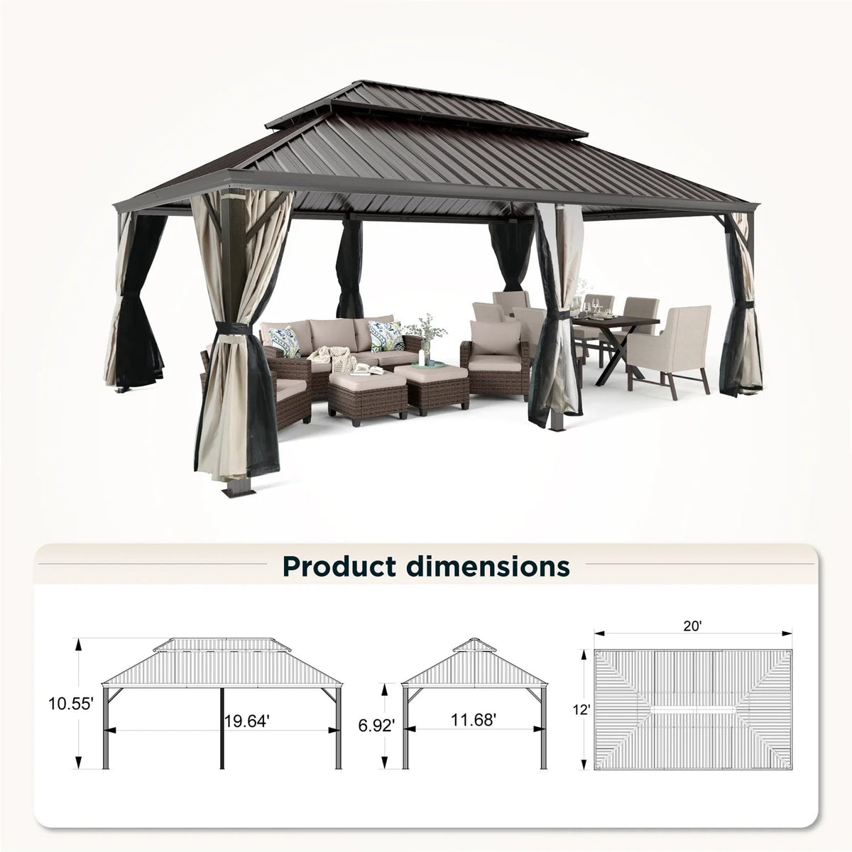 Erommy 14' X 20' Hardtop Gazebo Aluminum Frame Galvanized Steel Double Roof Patio Gazebo with Netting & Curtains Brown