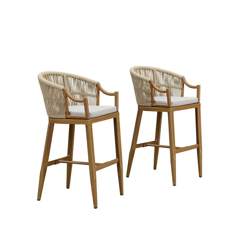 PURPLE LEAF Patio Bar Stools Set of 2 Outdoor Wicker Modern High Bar Chairs Metal Cushioned Barstools with Backs and Ergonomic Armrest