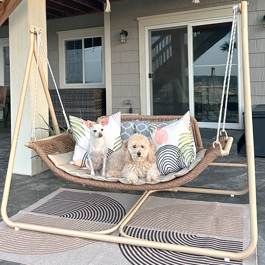 PURPLE LEAF Double Cloud Hanging Chair - Outdoor Patio Rattan Swing Chair with Cushion and Backrest.