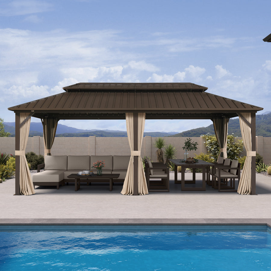 PURPLE LEAF Hardtop Gazebo Featuring Galvanized Steel Double Roof and Bronze Aluminum Frame with Curtains and Netting for Poolside with Lights-clear