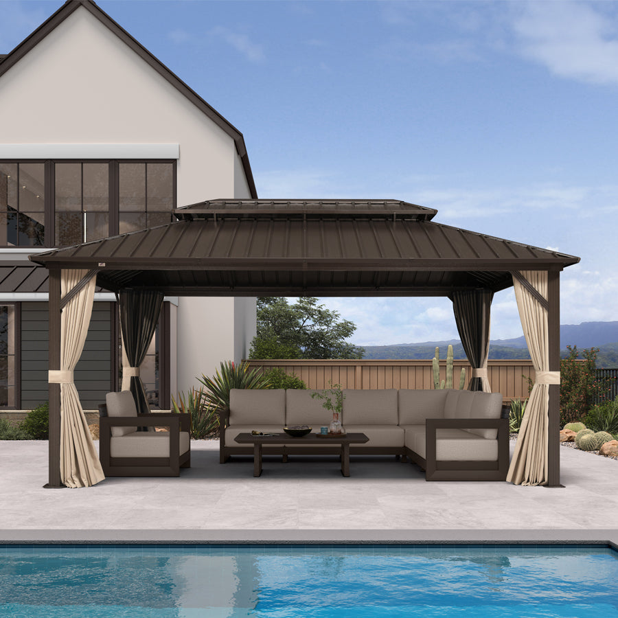 PURPLE LEAF Hardtop Gazebo Featuring Galvanized Steel Double Roof and Bronze Aluminum Frame with Curtains and Netting for Backyard with Lights-milky