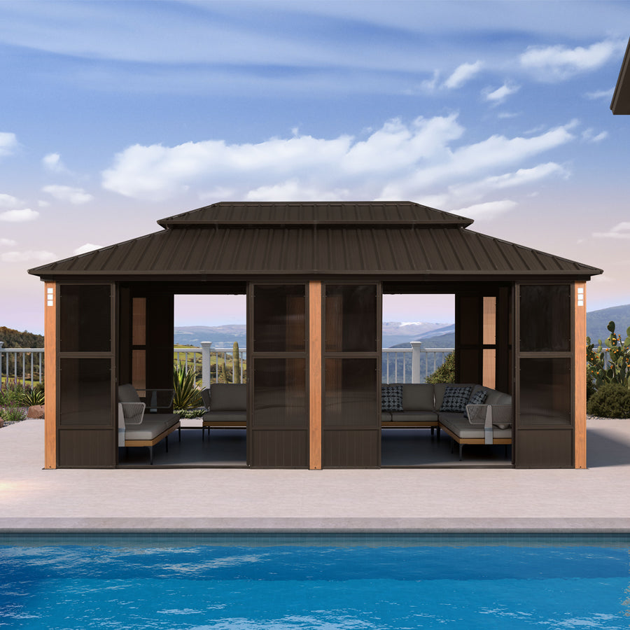 PURPLE LEAF Bronze Frame Sunroom Hardtop Gazebo Solarium Wood Grain Columns Galvanized Steel Double Roof All-Weather Screen House