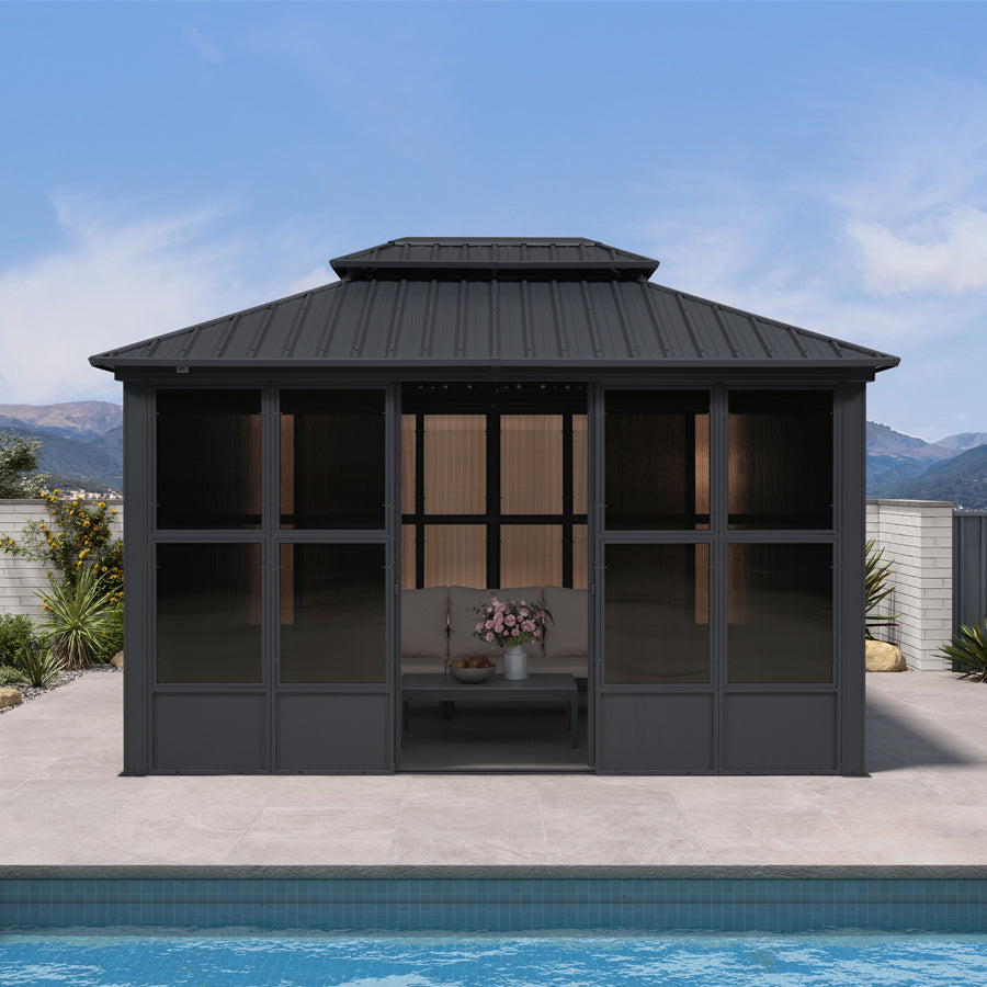 PURPLE LEAF Sunroom Hardtop Gazebo Solarium Grey Galvanized Steel Double Roof  All-Weather Aluminum Outdoor Screen House with String Lights