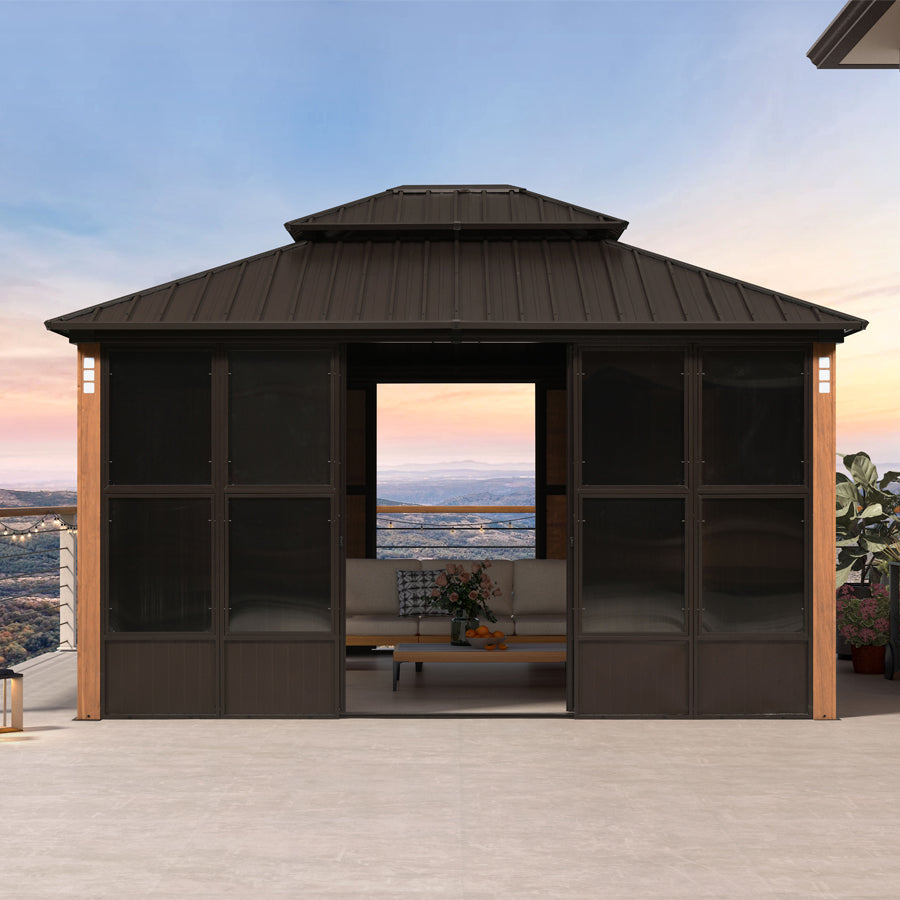 PURPLE LEAF Bronze Frame Sunroom Hardtop Gazebo Solarium Wood Grain Columns Galvanized Steel Double Roof All-Weather Screen House