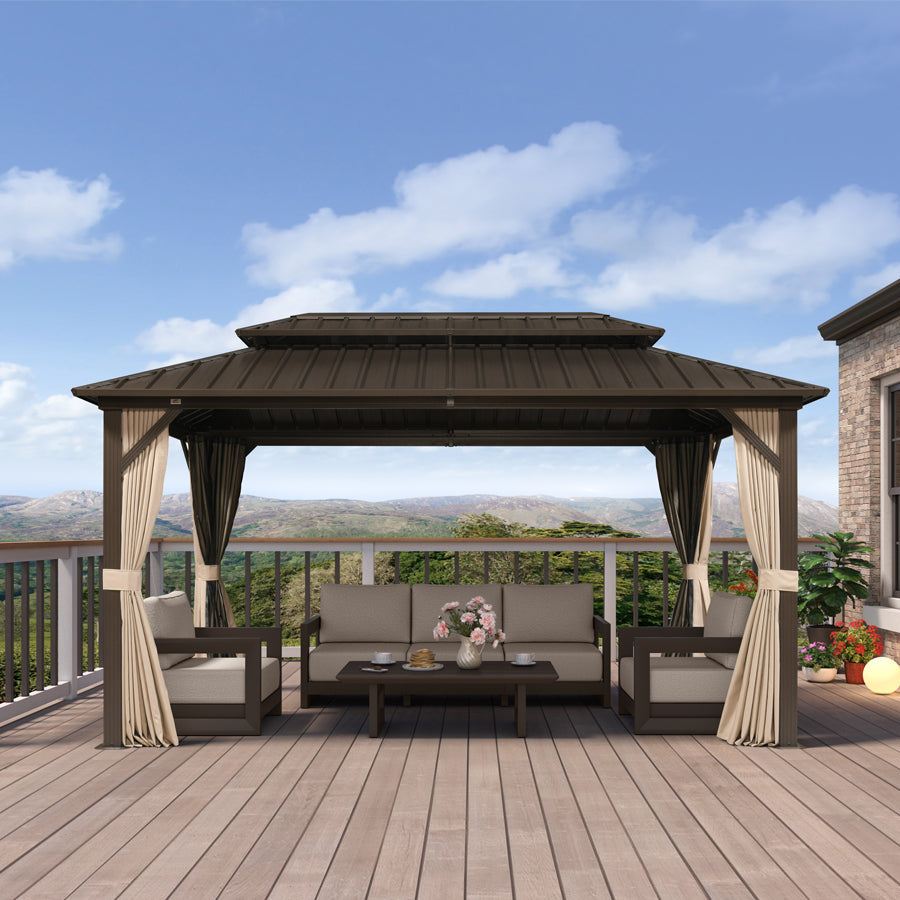 PURPLE LEAF Hardtop Gazebo Featuring Galvanized Steel Double Roof and Bronze Aluminum Frame with Curtains and Netting for Patio and Poolside