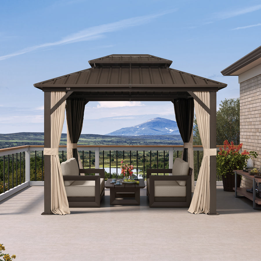 PURPLE LEAF Hardtop Gazebo Featuring Galvanized Steel Double Roof and Bronze Aluminum Frame with Curtains and Netting for Backyard with Lights-milky