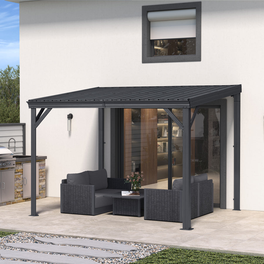 PURPLE LEAF Lean to Gazebo Metal Roof Patio Cover Built-in Drain Slots Wall Mounted Gazebo for Outdoor Extension