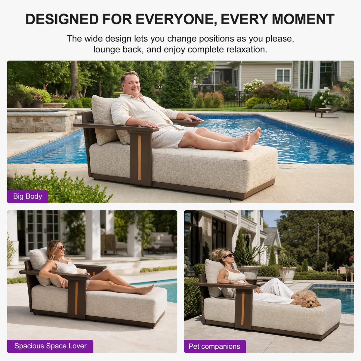 PURPLE LEAF Chaise Lounge Chair Modern Upholstered Outdoor Daybed with Armrest and Lumbar Pillow for Patio Poolside Sunbathing Deck