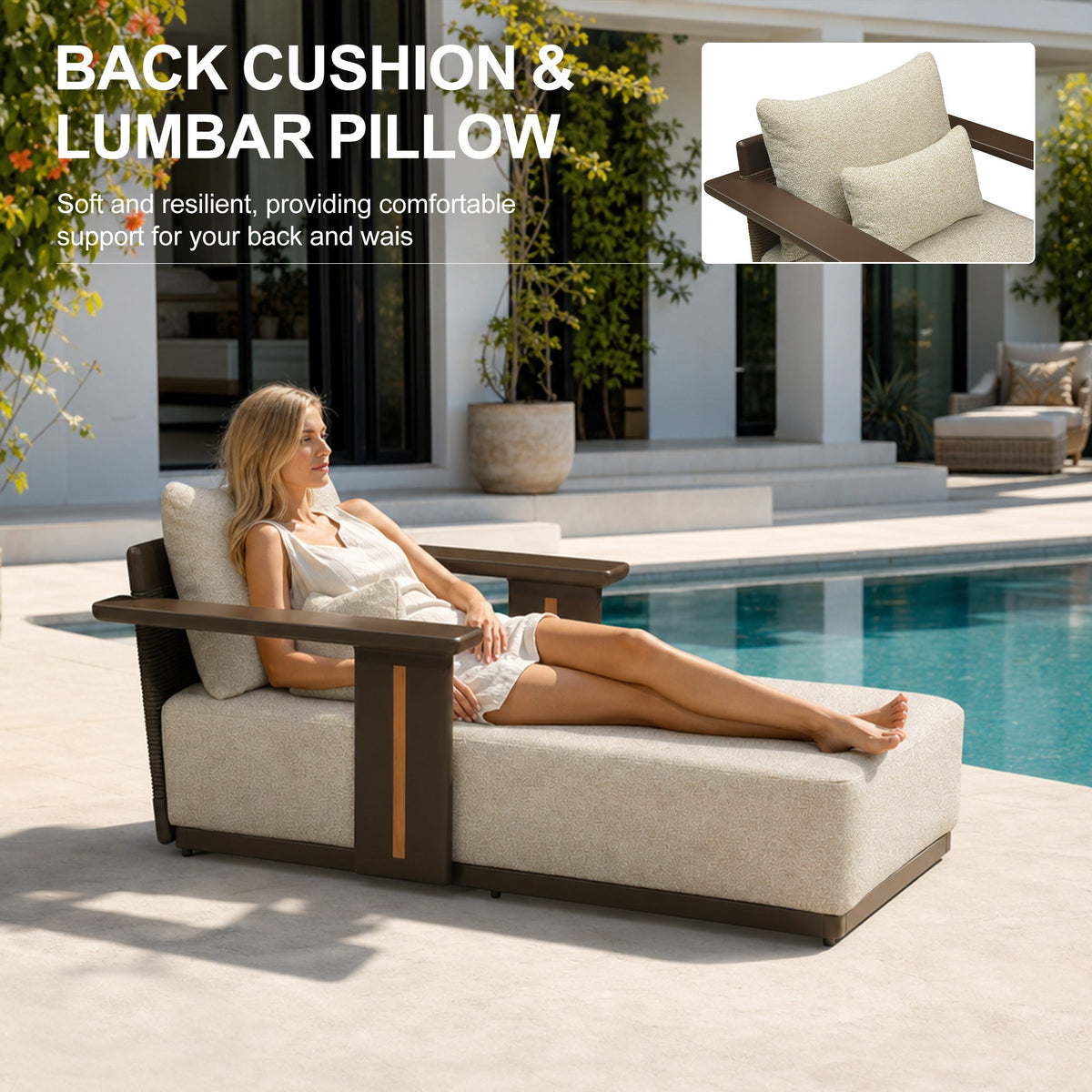 PURPLE LEAF Chaise Lounge Chair Modern Upholstered Outdoor Daybed with Armrest and Lumbar Pillow for Patio Poolside Sunbathing Deck