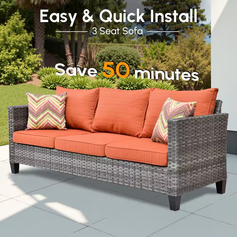Michigan 6-Piece Wicker Outdoor Patio Fire Pit Seating Sofa Set and with Orange Red Cushions and Swivel Rocking Chairs