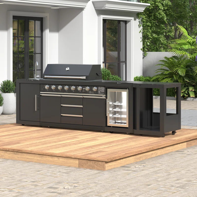 Akoah – Ensemble îlot de cuisine extérieure modulaire 4 pièces avec barbecue 8 brûleurs, réfrigérateur et roulettes