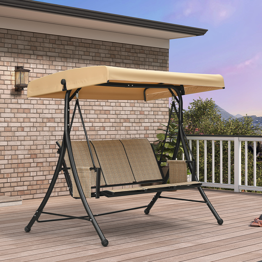 PURPLE LEAF Porch Swing with Adjustable Tilt Canopy Patio Swing with Stand and Meatl Steel Frame All-Weather Outdoor Swing Chair Seat Space-Saving for Backyard Garden Deck