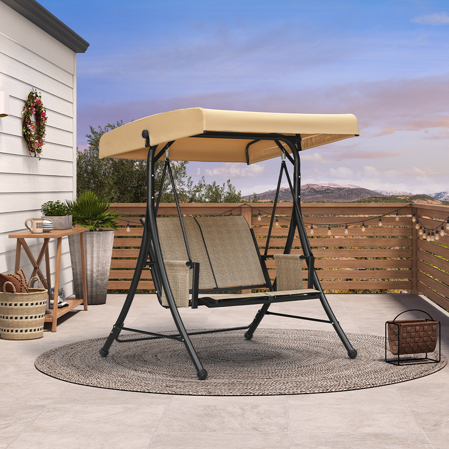 PURPLE LEAF Porch Swing with Adjustable Tilt Canopy Patio Swing with Stand and Meatl Steel Frame All-Weather Outdoor Swing Chair Seat Space-Saving for Backyard Garden Deck