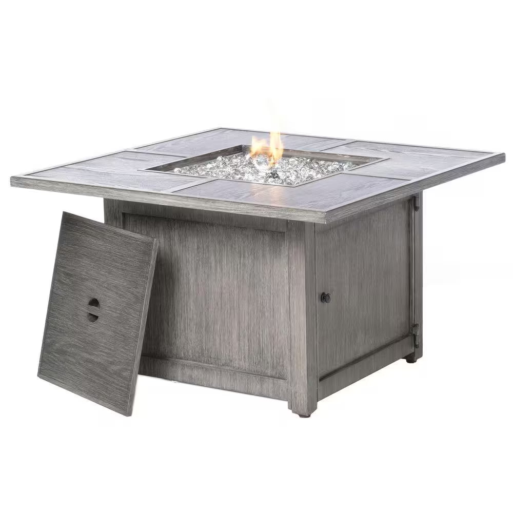 Alfresco Home Cheyenne 40 In. X 25 In. Square Aluminum Propane Gas Fire Pit Chat Table with Glacier Ice Firebeads