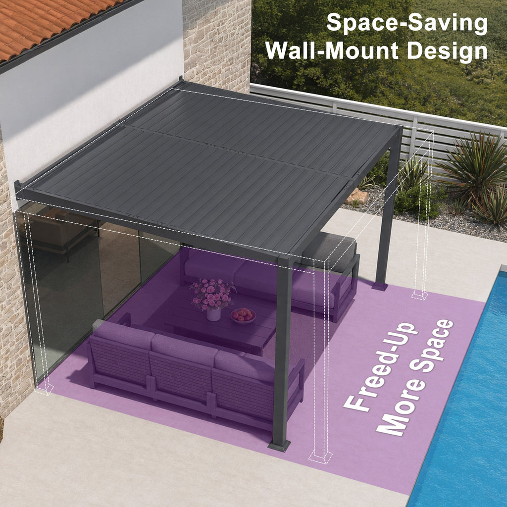 PURPLE LEAF Caesar Wall Mounted Louvered Pergola, All-Aluminum Patio Cover with Adjustable Roof, Hidden Gutter Drainage, Lean-to Pergola for Deck, Backyard, Porch, Dark Gray