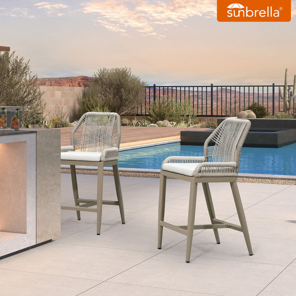 PURPLE LEAF Patio Sunbrella Bar Stools Set of 2  Rattan Bar Aluminum Bar Stool Outdoor Barstools with Back and Cushion for Garden Kitchen Island