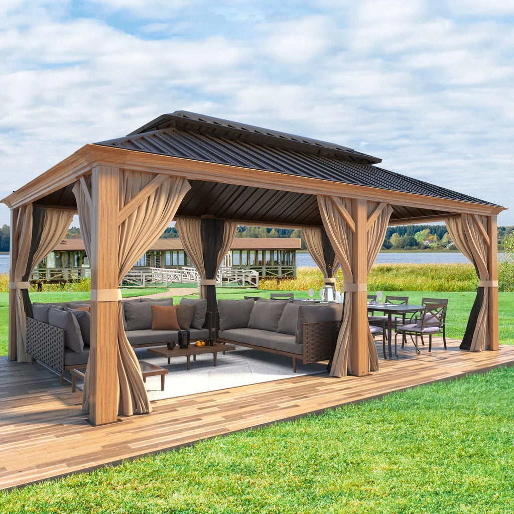 Erommy 12' X 20' Hardtop Gazebo, Wooden Finish Coated Aluminum Frame Gazebo with Galvanized Steel Double Roof with Curtains and Netting
