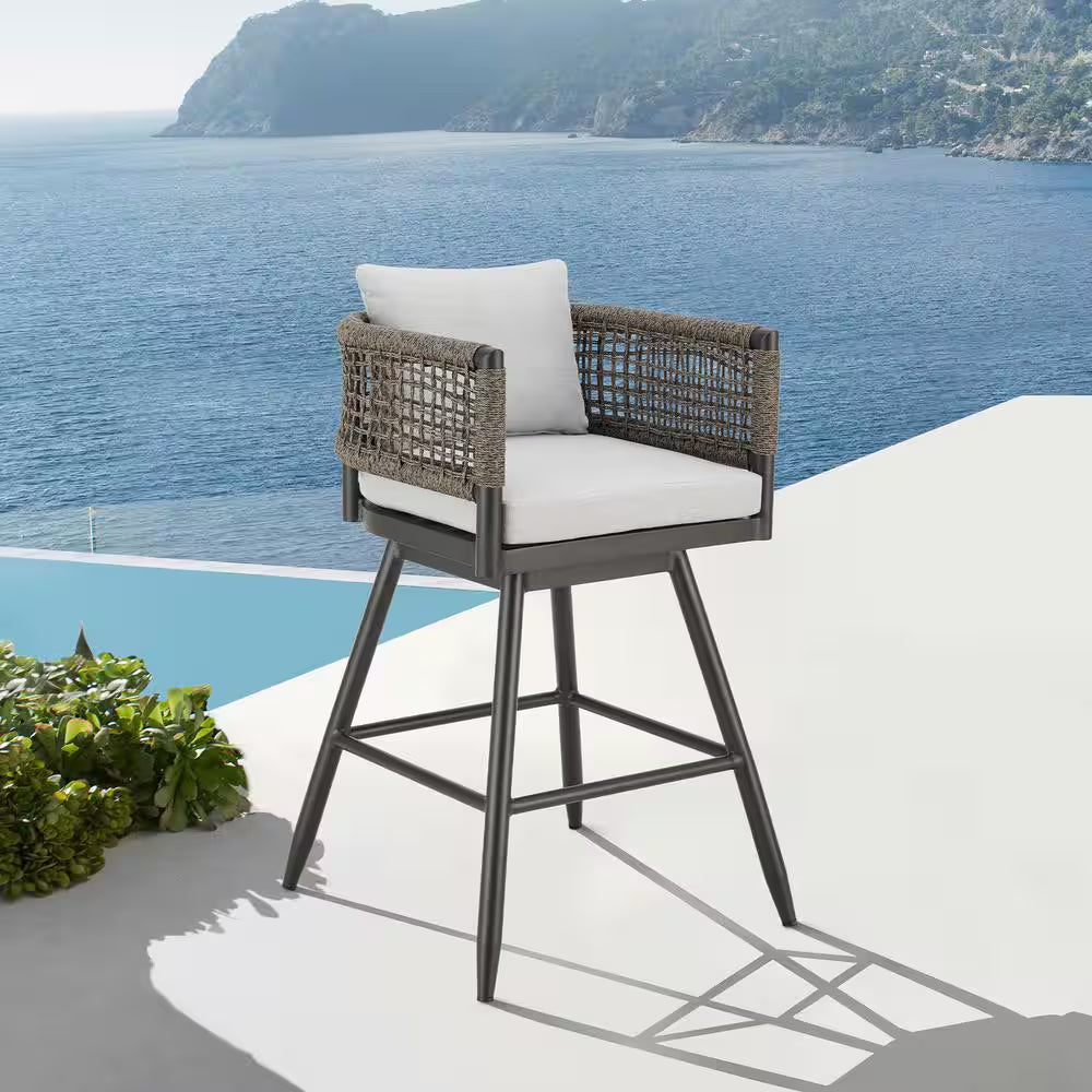 Bar Height Swivel Aluminum Outdoor Bar Stool with Light Gray Cushion