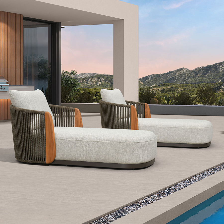 PURPLE LEAF Luxury  Hailar Olefin Patio Chaise Lounge Chair , Upholstered Pool Aluminium Lounge Chairs for Outdoor with Teak Armres for Deck, Pool, Lawn, Garden, Courtyard, Porch