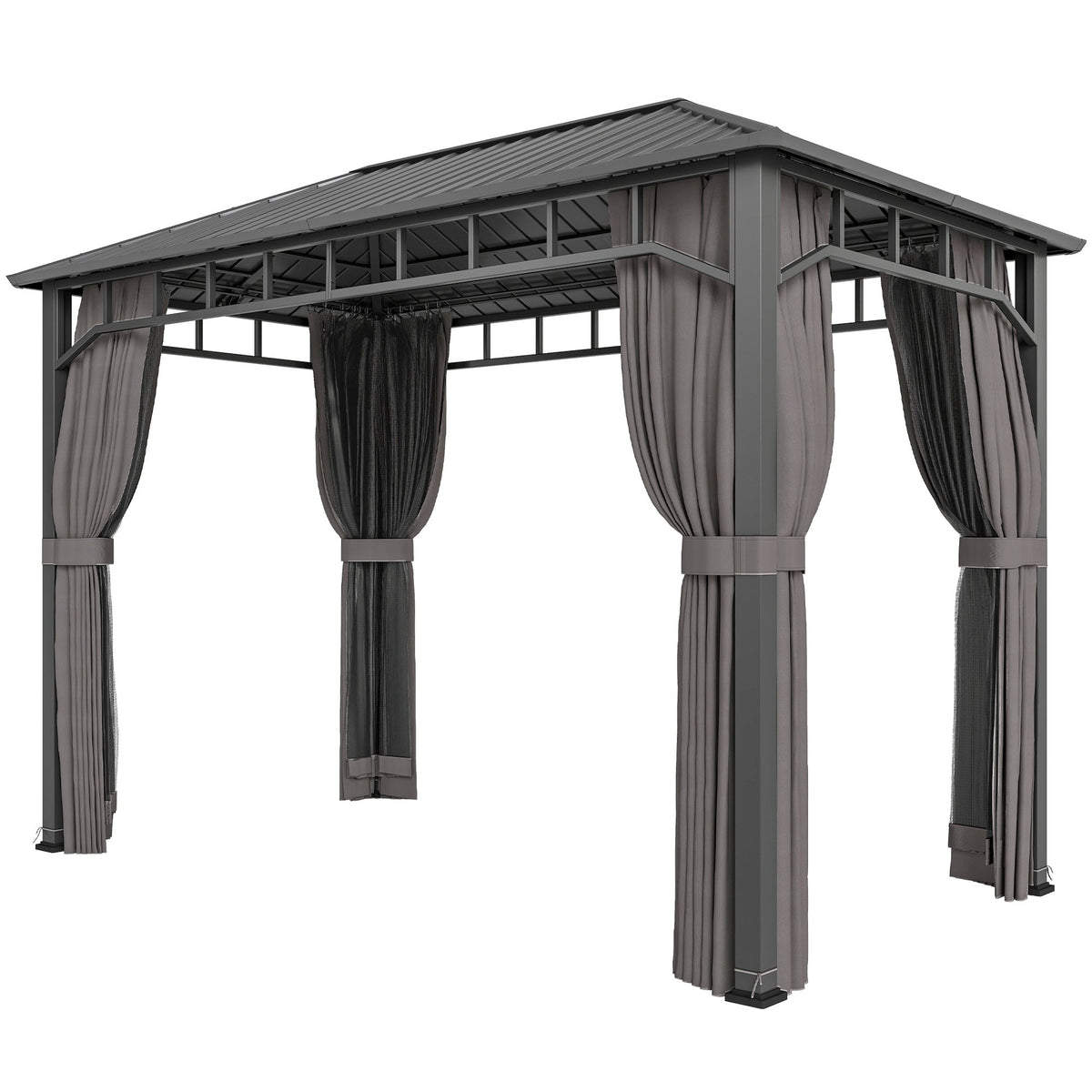 2 x 3.5 m Hardtop Gazebo with Galvanised Roof, Netting & Curtains, Dark Grey