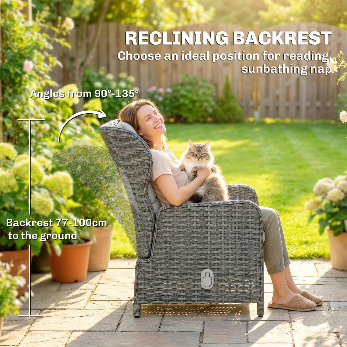 5 Piece Rattan Reclining Chair Set with Footstool and Glass Table, Cream White