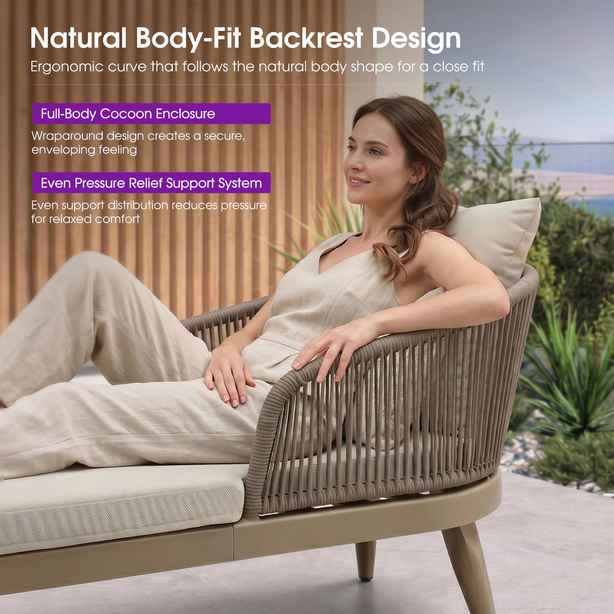 PURPLE LEAF Outdoor Chaise Lounge Thick Cushion, Aluminum Frame Patio Lounge Chair with Pillow & Lumbar Support, Wicker Armrests Sun Lounger for Poolside, Backyard, All-Weather Use