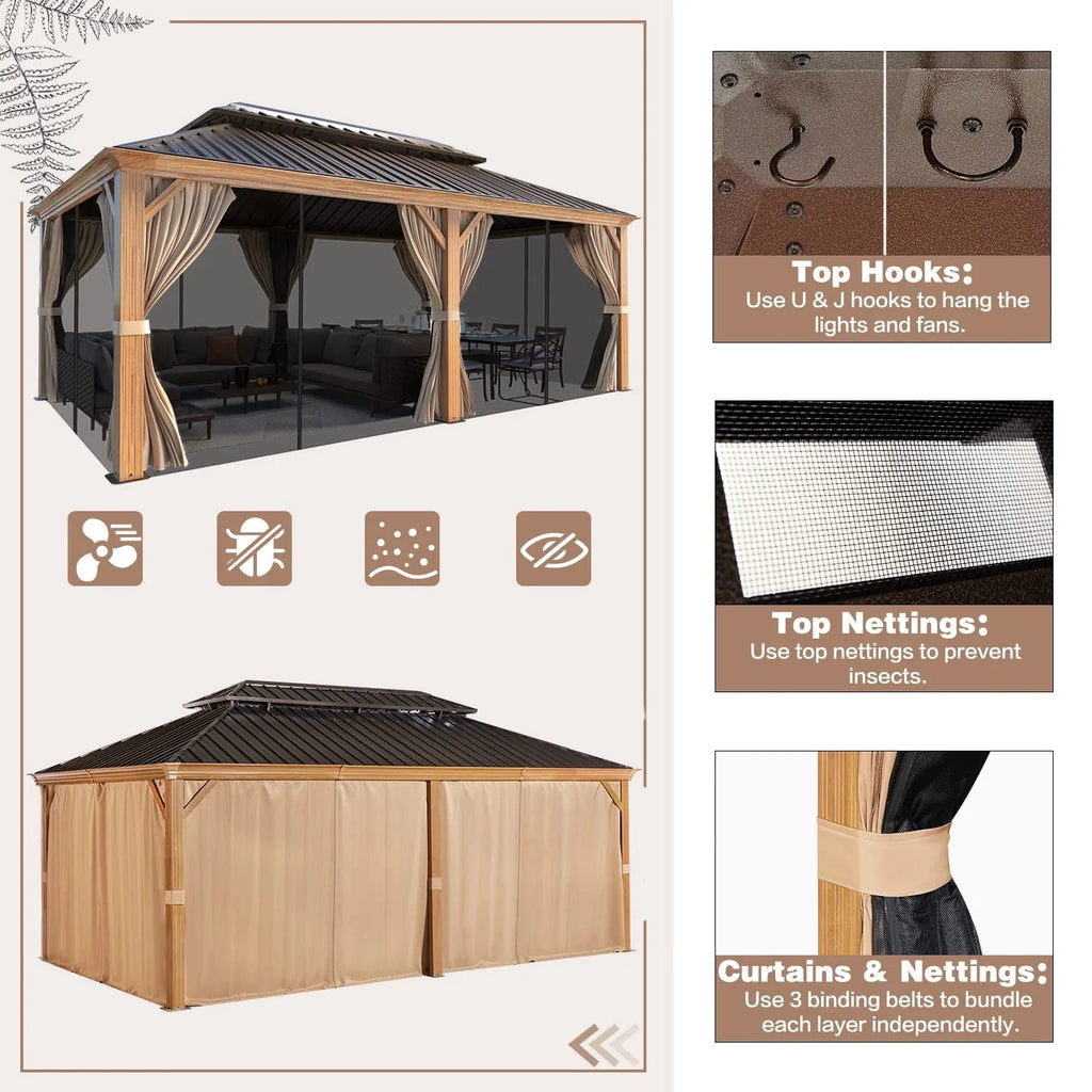 Erommy 12' X 20' Hardtop Gazebo, Wooden Finish Coated Aluminum Frame Gazebo with Galvanized Steel Double Roof with Curtains and Netting