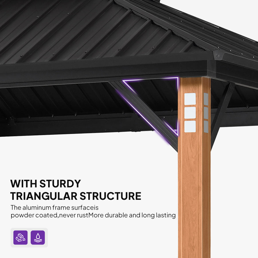 PURPLE LEAF Sunroom Hardtop Gazebo with Wood Grain Columns Black Frame Double Roof Galvanized Steel Solarium All-Weather Screen House with String Lights
