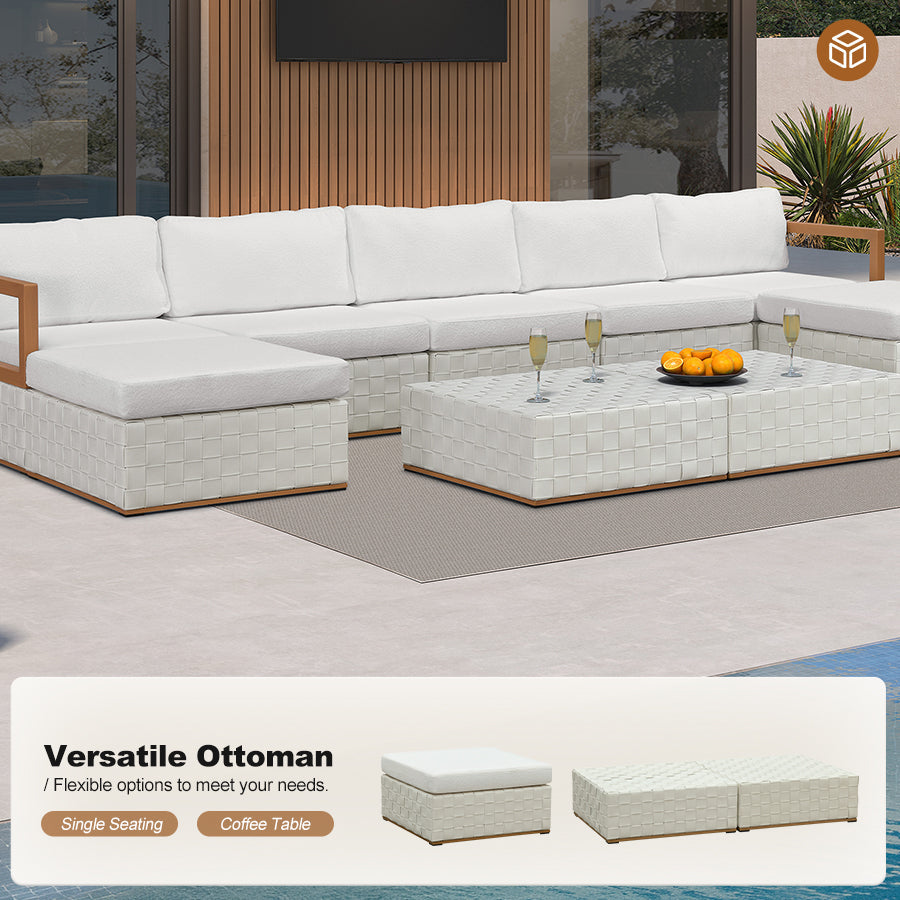 PURPLE LEAF Griffin U-shaped Patio Conversation Set White with Cushion Pillows Ottoman and Premium Leather for Gathering Entertaining