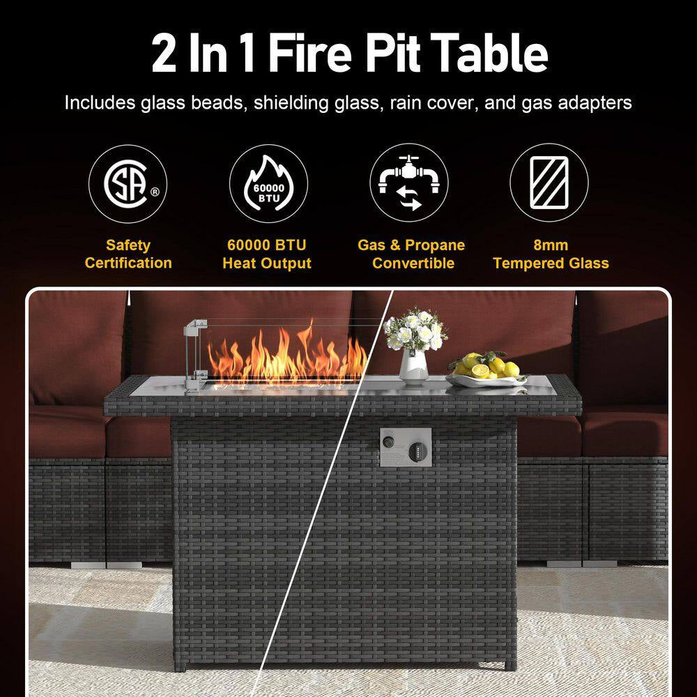 Large 7 Piece Charcoal Wicker Patio Fire Pit Conversation Sectional Deep Seating Sofa Set with Dark Red Cushions
