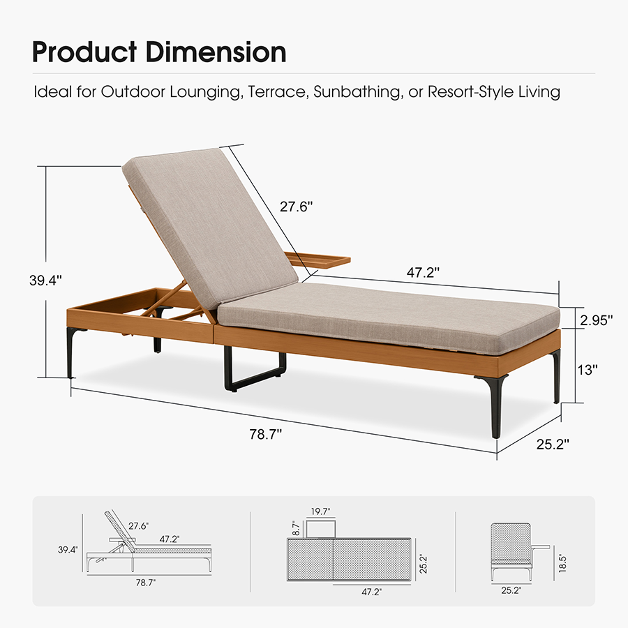 PURPLE LEAF Outdoor Chaise Lounge Sunbrella Patio Lounge Chair Recliner and Cushion for Poolside Balcony Backyard