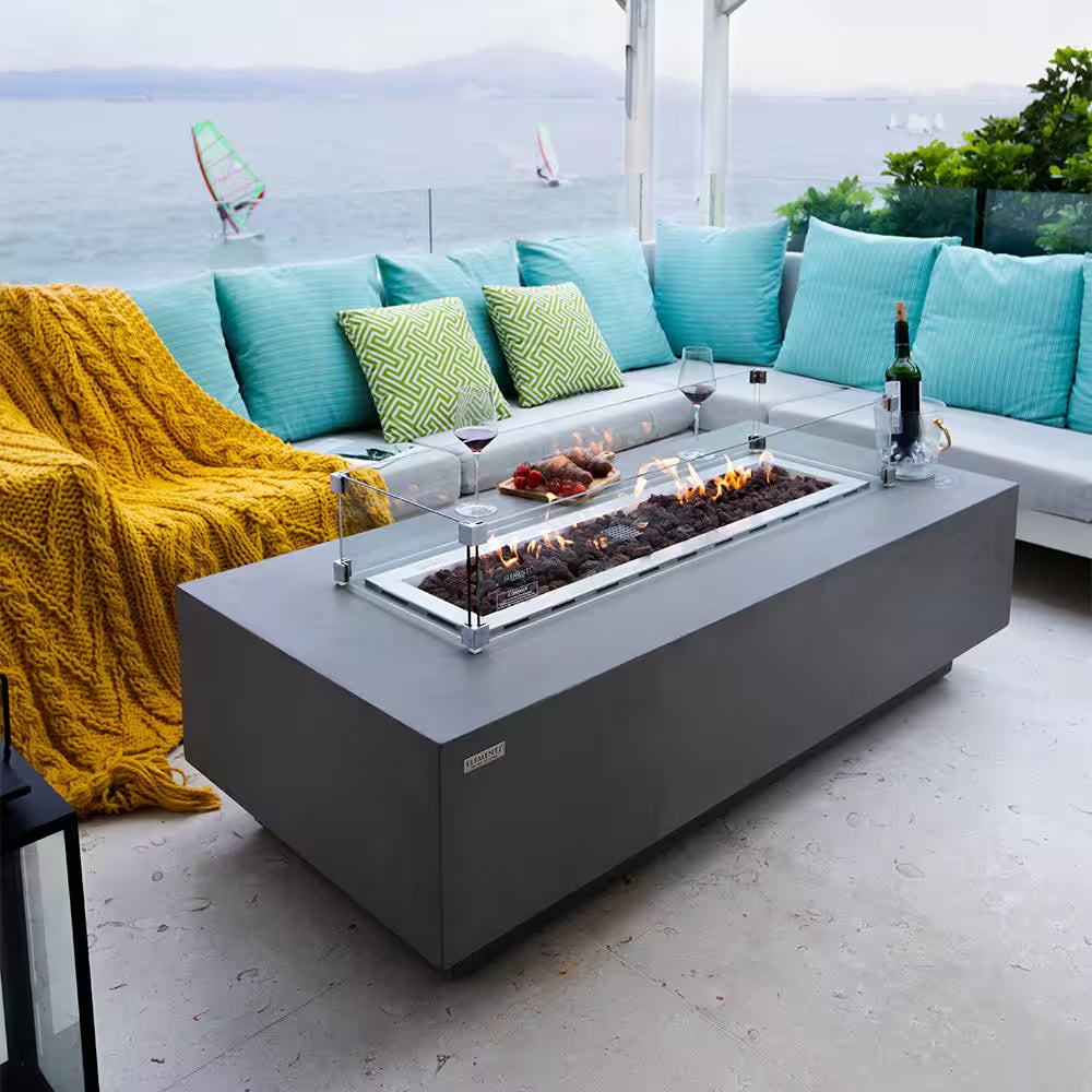 Elementi Granville Outdoor Fire Pit 60 In. X 27 In. Rectangular Concrete Propane Fire Table with Lava Rocks and Cover