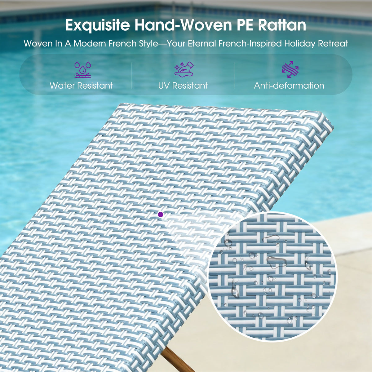 PURPLE LEAF Extra Large Patio Chaise Lounge French Outdoor Wicker Lounger Matte Teak Aluminum Frame 771LBS Capacity PE Rattan Adjustable Backrest for Pool Garden Beach Backyard