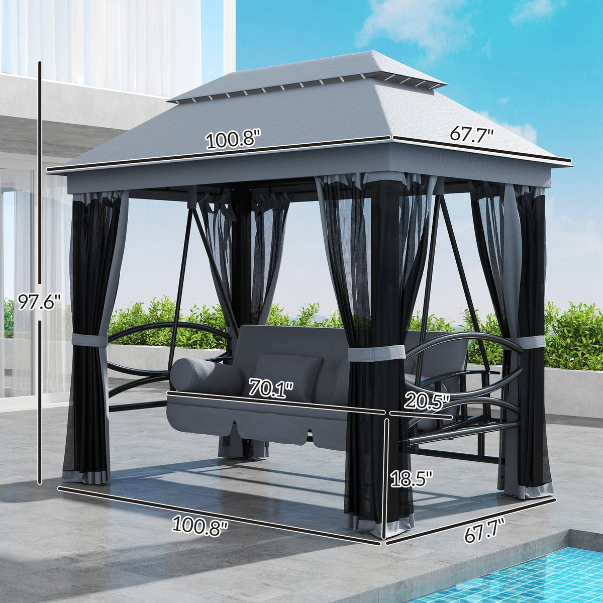 3-Seat Patio Swing Chair with Mesh Sidewalls, Gray
