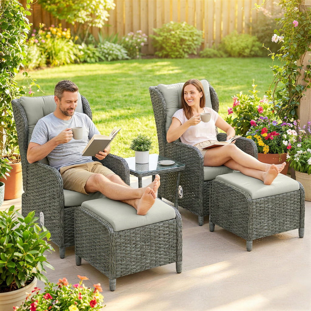 5 Piece Rattan Reclining Chair Set with Footstool and Glass Table, Cream White