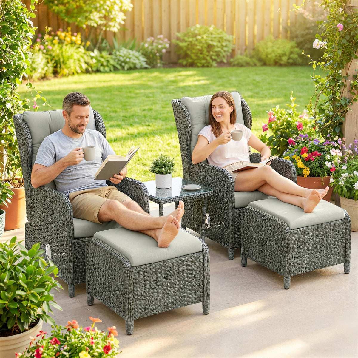 5 Piece Rattan Reclining Chair Set with Footstool and Glass Table, Cream White
