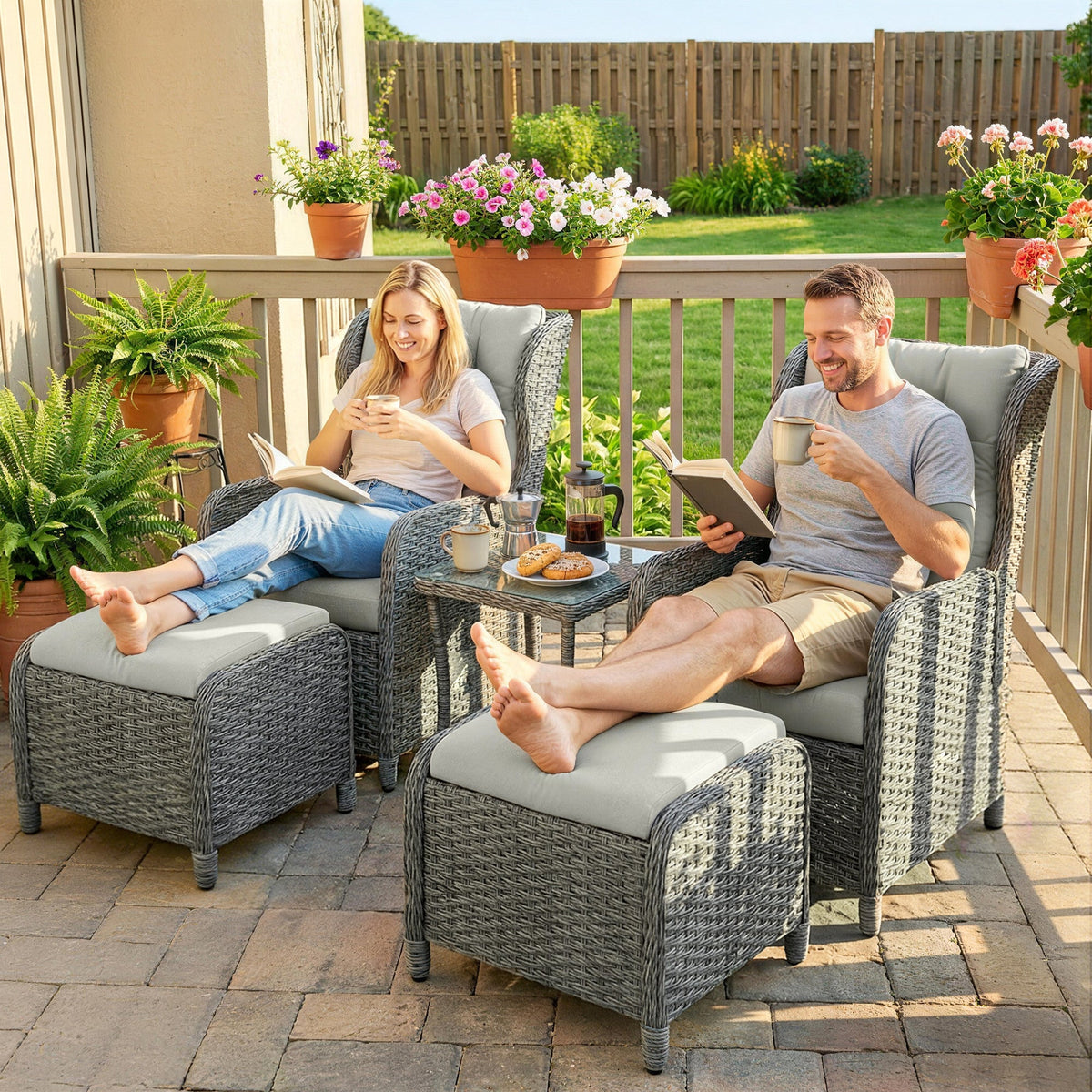 5 Piece Rattan Reclining Chair Set with Footstool and Glass Table, Cream White