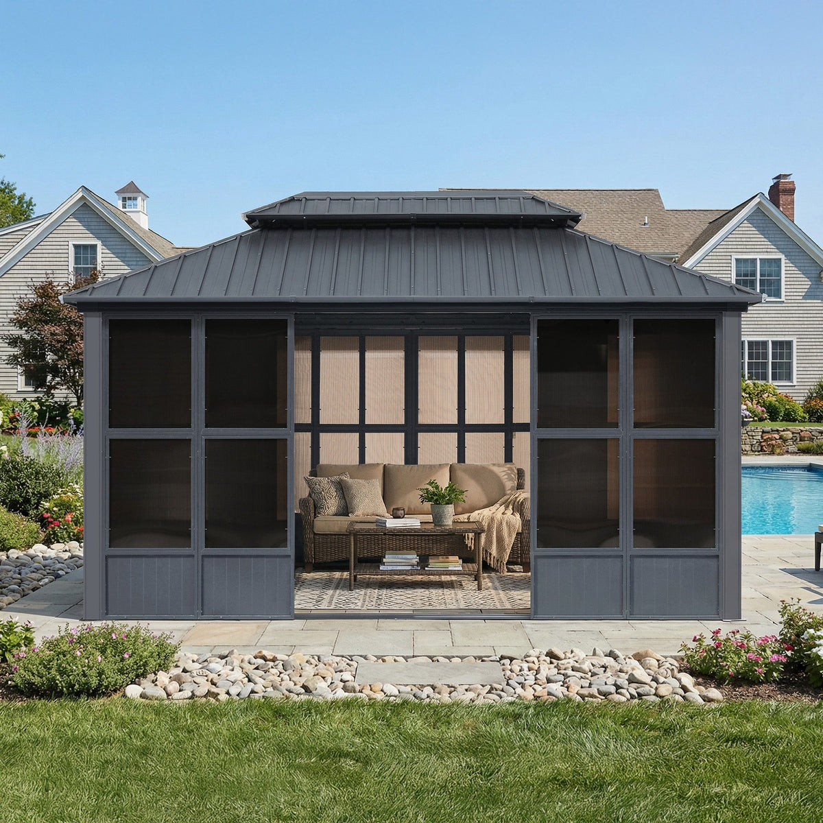 PURPLE LEAF Sunroom Hardtop Gazebo Solarium Grey Galvanized Steel Double Roof  All-Weather Aluminum Outdoor Screen House