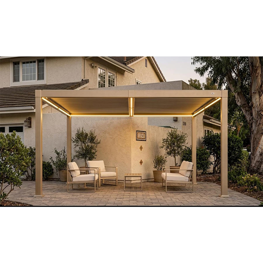 PURPLE LEAF Caesar Solar Louvered Pergola with LED Strip Lights and Control Panel Aluminum Outdoor Pergola with Adjustable Roof for Patio Deck Garden Yard Champagne