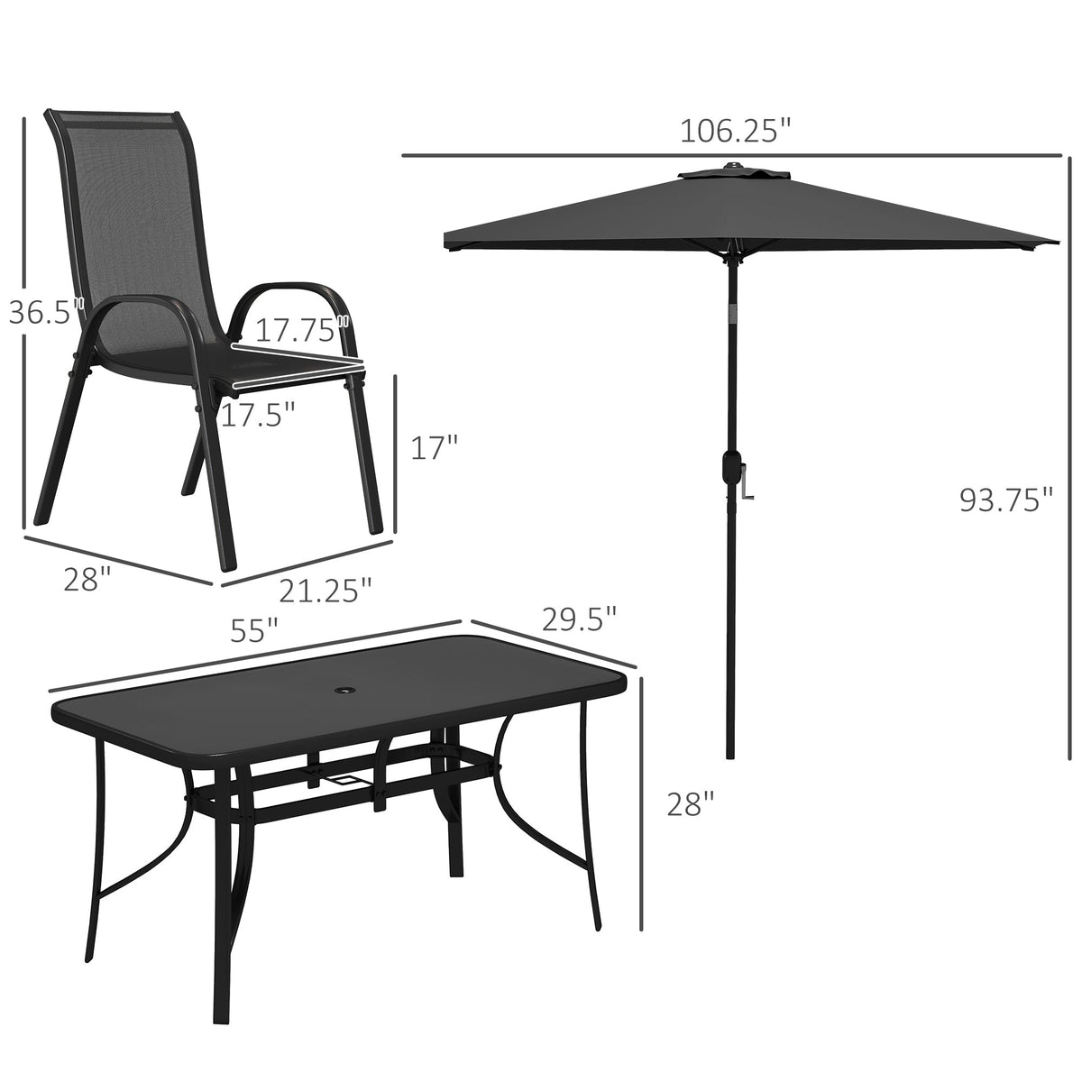 8-Piece Patio Dining Set with 9 Ft Umbrella, Black
