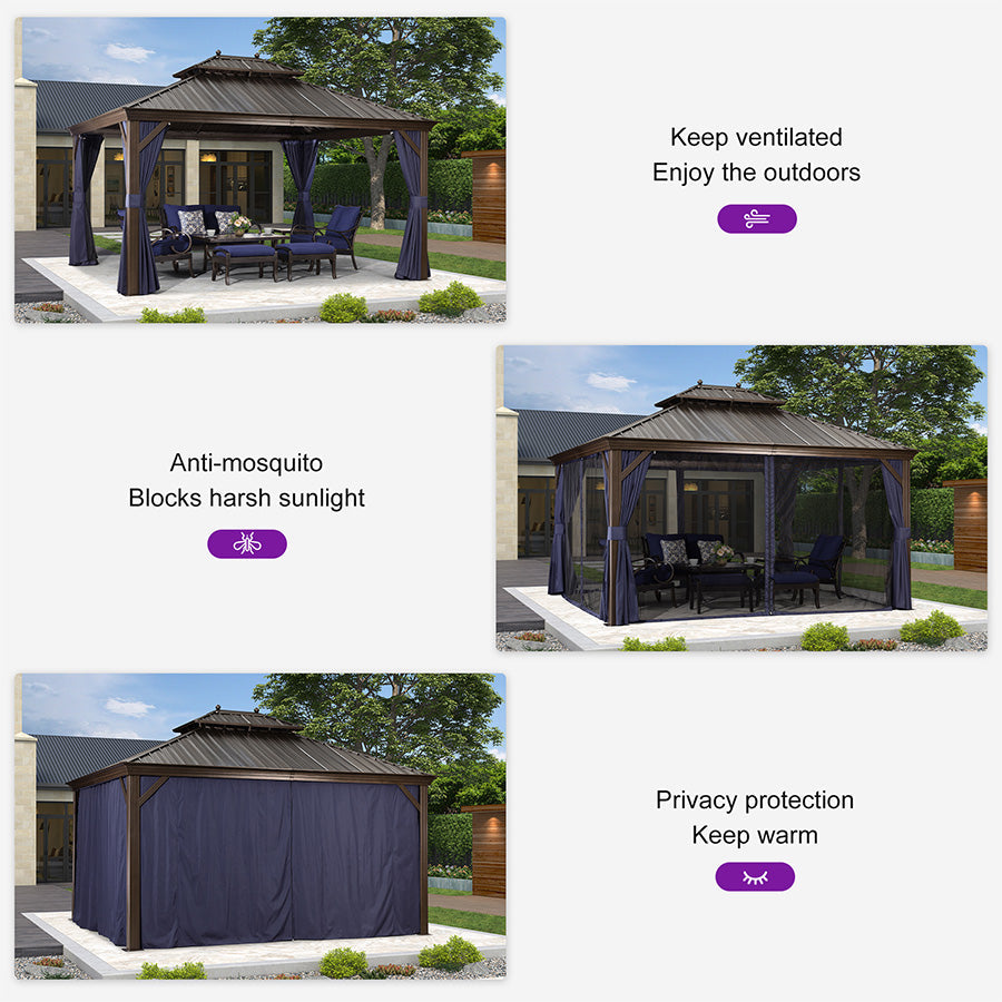 PURPLE LEAF Outdoor Hardtop Gazebo for Patio Bronze Aluminum Frame Pavilion with Navy-Blue Curtain and String Lights-clear