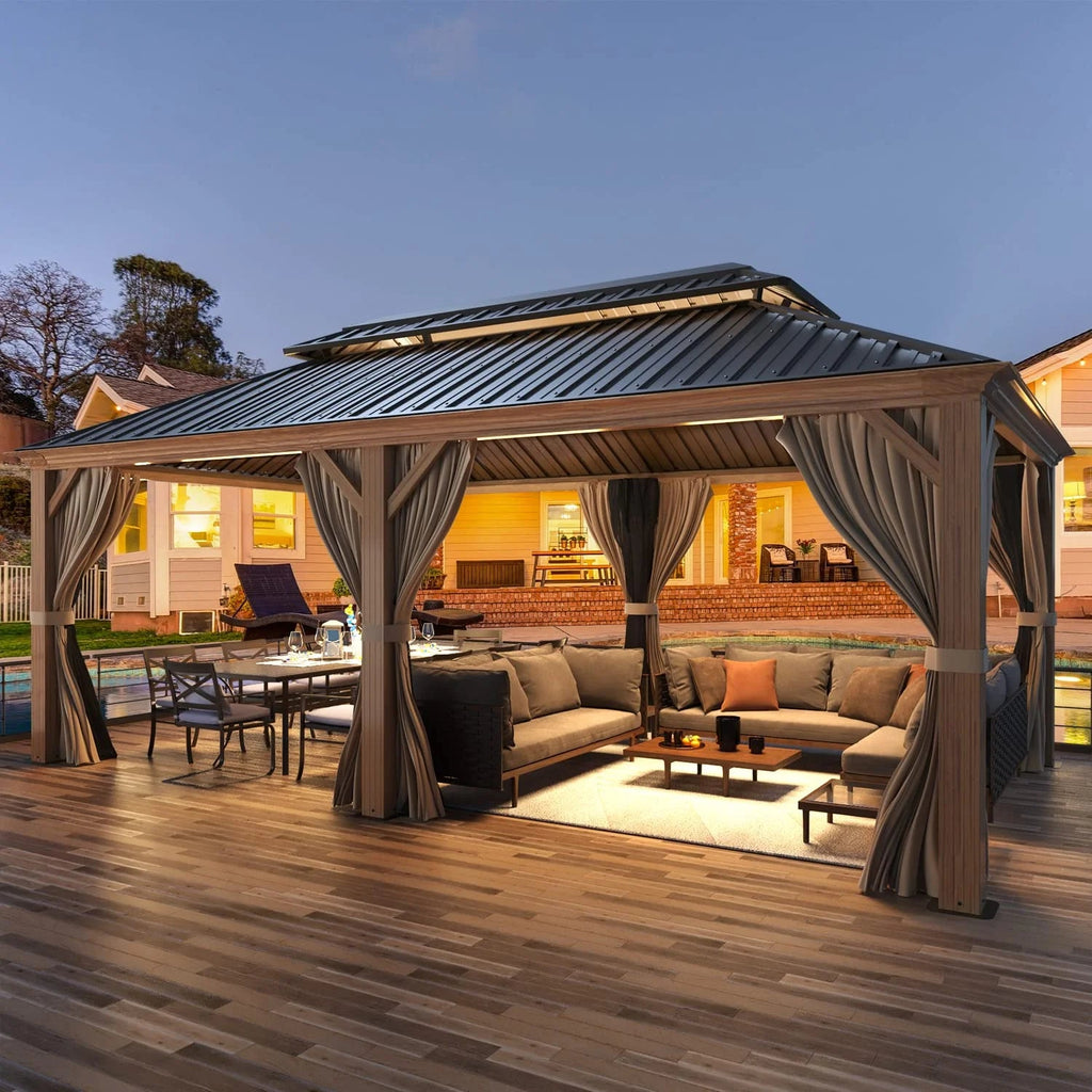 Erommy 12' X 20' Hardtop Gazebo, Wooden Finish Coated Aluminum Frame Gazebo with Galvanized Steel Double Roof with Curtains and Netting