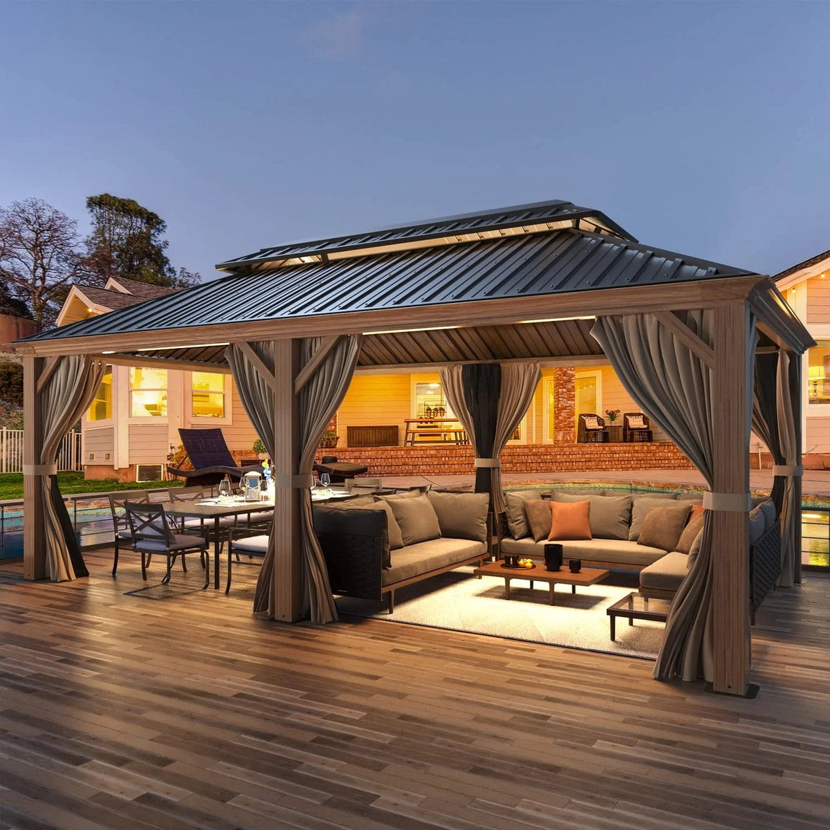 Erommy 12' X 20' Hardtop Gazebo, Wooden Finish Coated Aluminum Frame Gazebo with Galvanized Steel Double Roof with Curtains and Netting