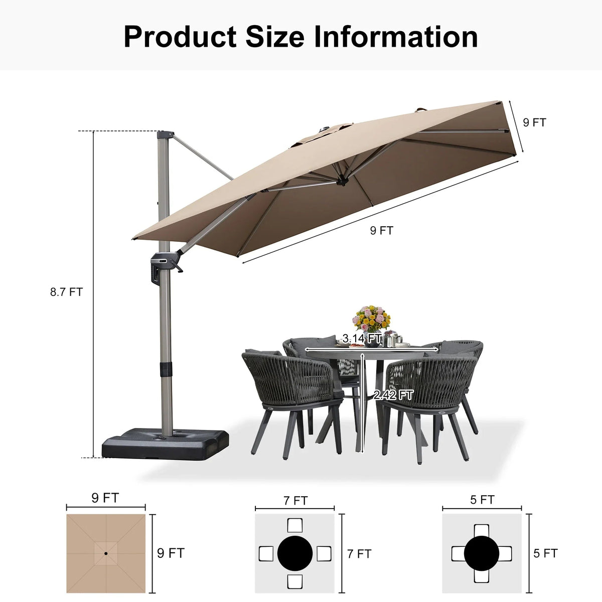 PURPLE LEAF Hailar Deluxe Aluminum Patio Umbrella with Base, Square and Rectangular Umbrella