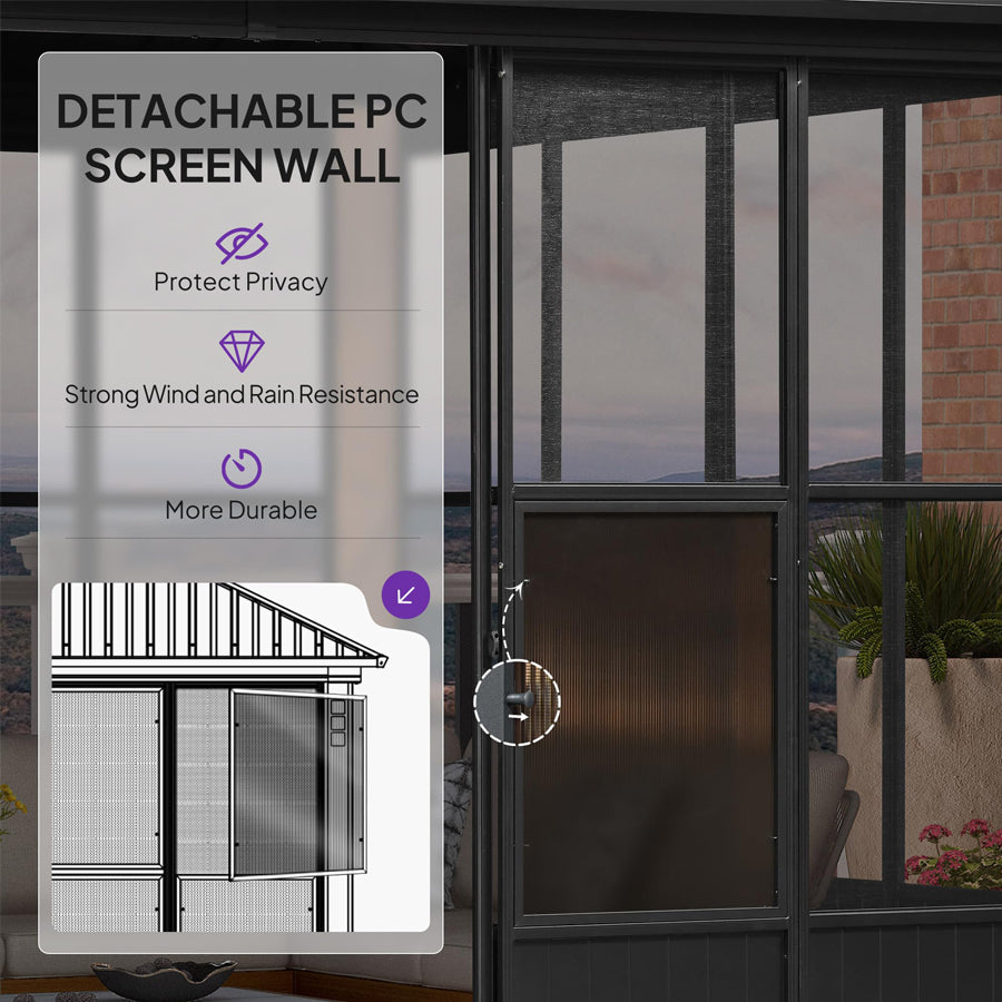 PURPLE LEAF Sunroom Hardtop Gazebo with Wood Grain Columns Black Frame Double Roof Galvanized Steel Solarium All-Weather Screen House with String Lights